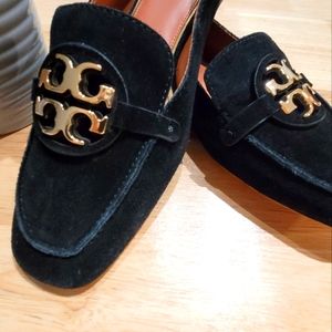 Sz 9 Loved condition Tory Burch Women's Black Miller Metal-logo Loafer, Suede